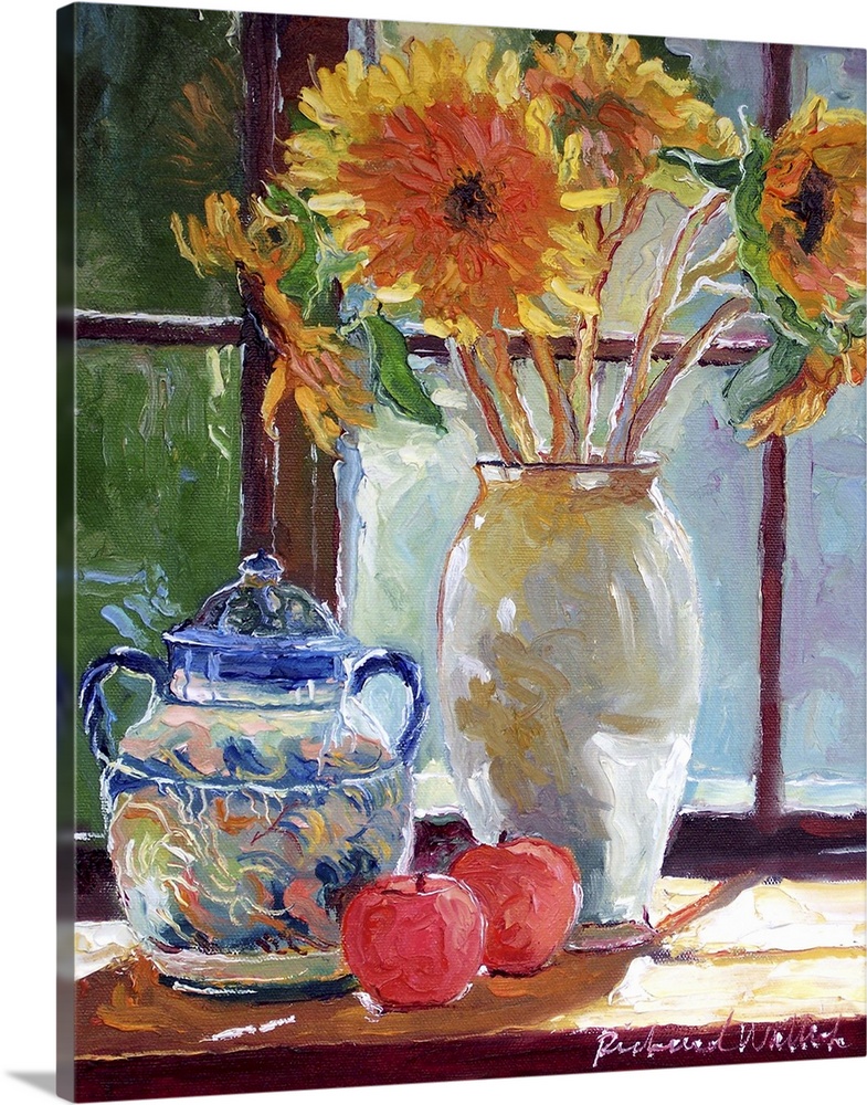 Contemporary painting of lush sunflowers in a white vase.