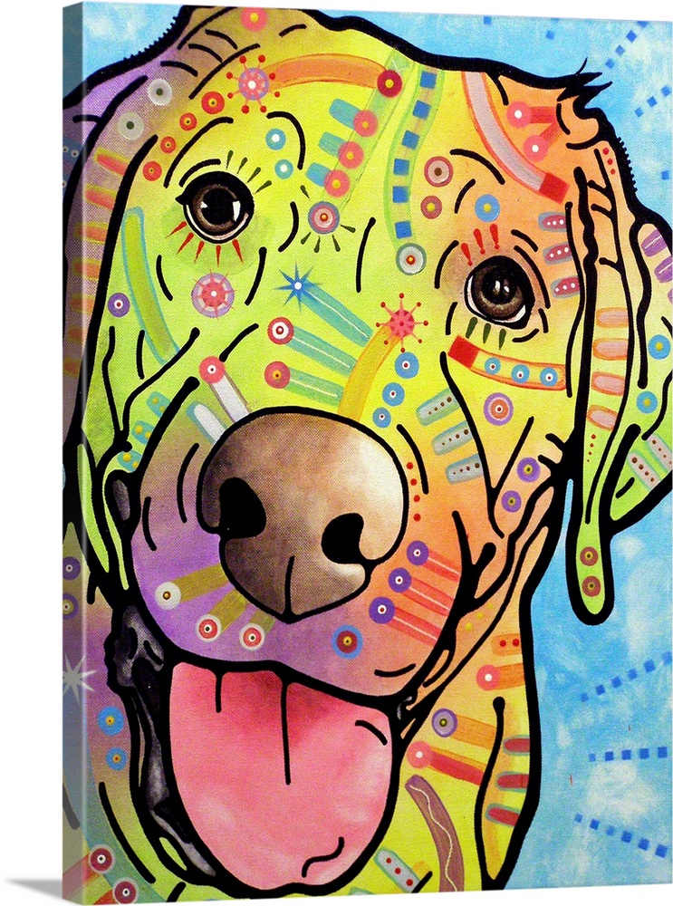 Contemporary painting of a Labrador with bright colors and designs all over.
