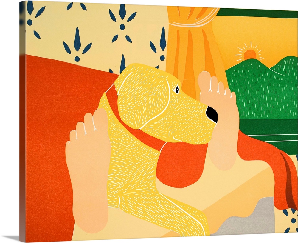 Illustration of a yellow lab laying in the middle of its owners feet at the foot of the bed in the morning.