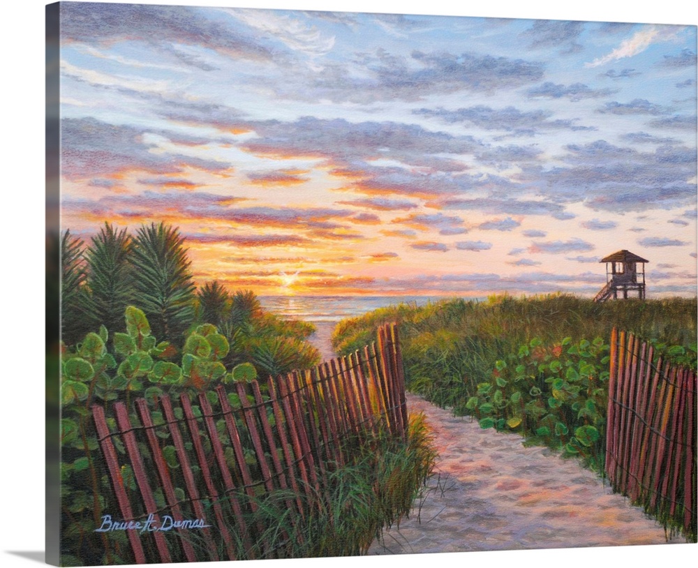 Contemporary painting of a sun rising with puffy clouds over a sandy walkway leading to the beach.