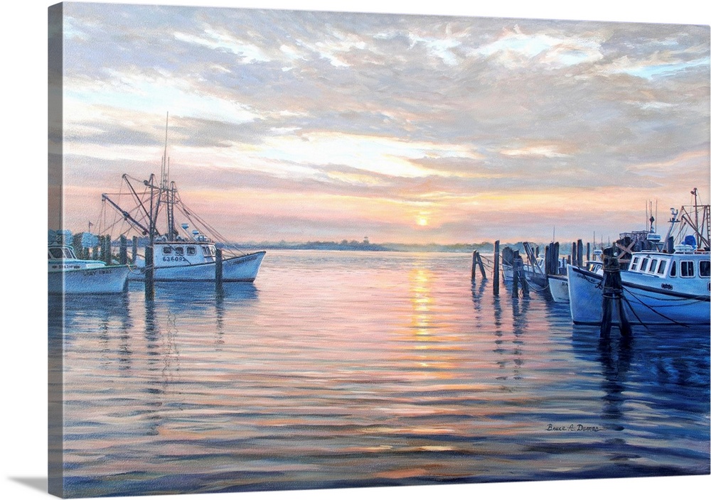 Contemporary artwork of a harbor full of docked boats at sunset.