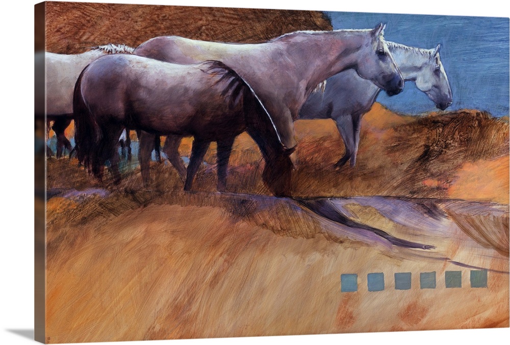 Contemporary western theme painting of horses grazing on desert plains.