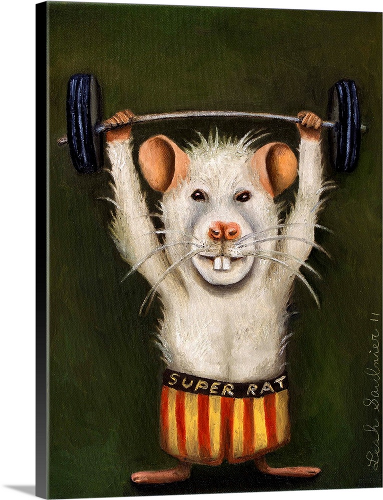 Surrealist painting of a white rat lifting a dumbbell.
