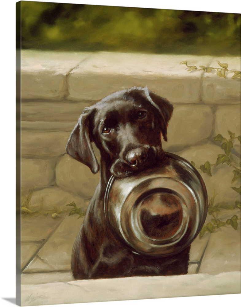 Contemporary painting of a black lab holding its food dish in its mouth.
