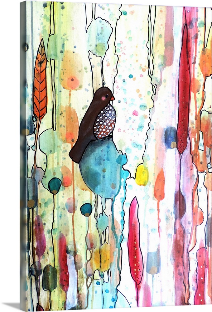 Colorful contemporary watercolor painting of a bird perched on a branch against a colorful background.