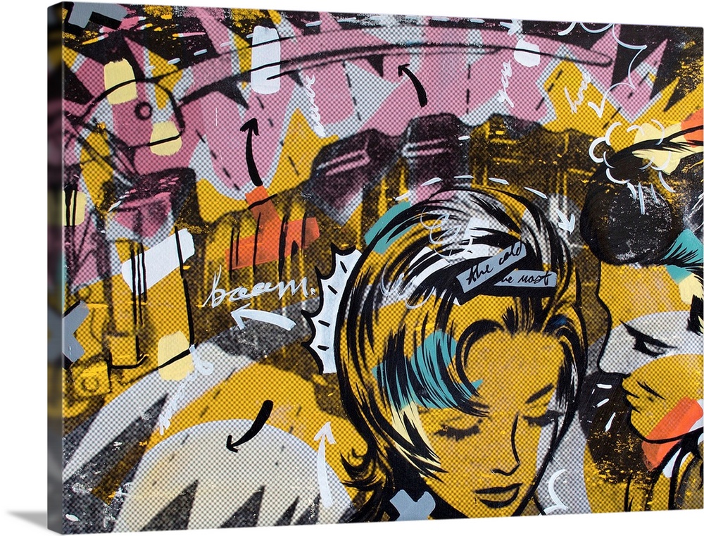 Pop art composed of comic illustrations and bold text, reminiscent of Lichtenstein, of a man whispering to a woman.
