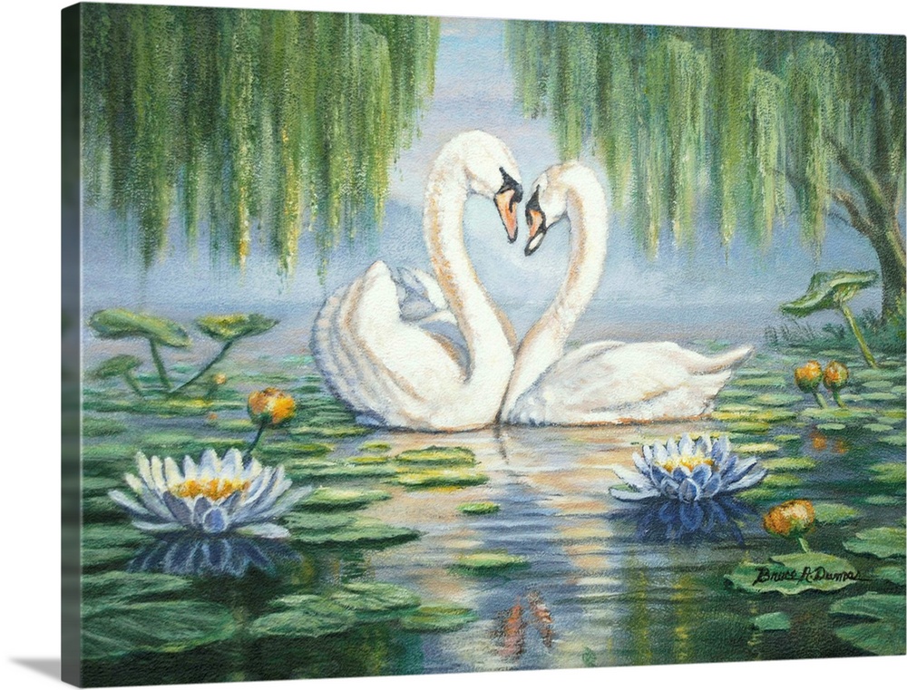 Contemporary painting of two swans under willow trees among lily pads, forming a heart with their necks.