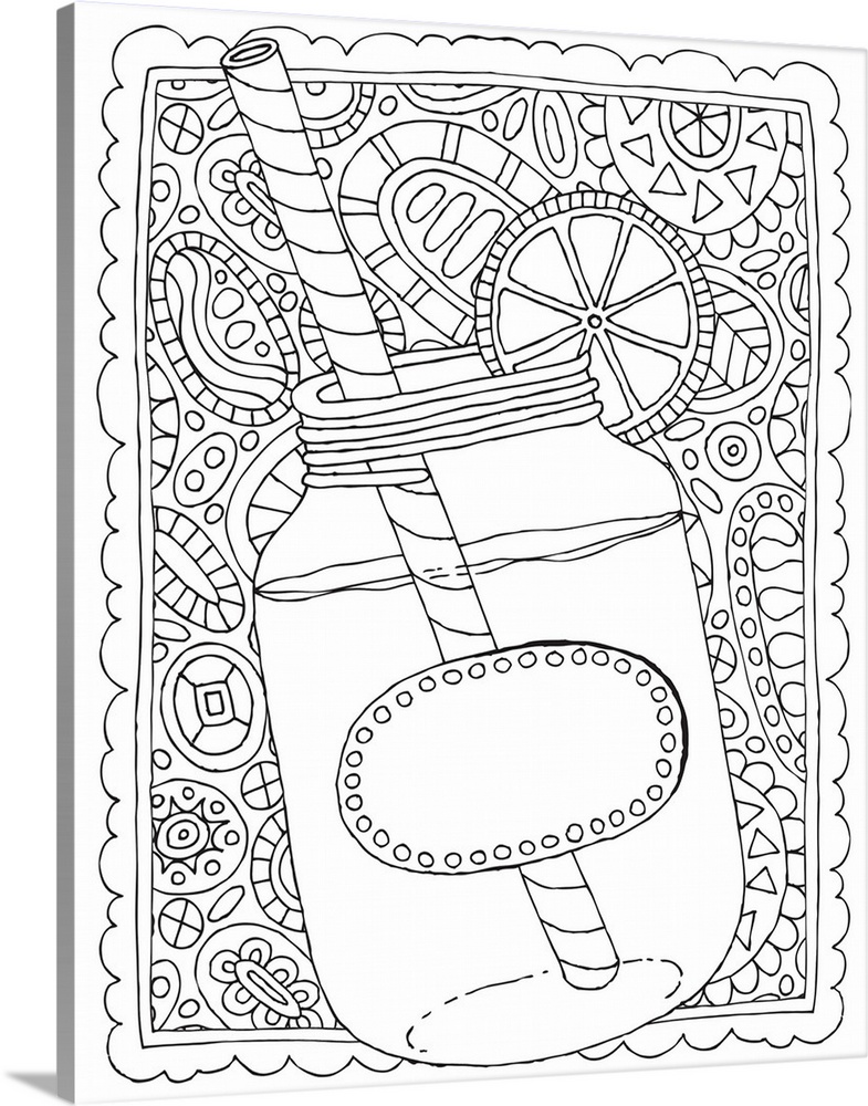 Black and white line art of a mason jar full of sweet tea with a lemon the the rim on an intricately designed background.