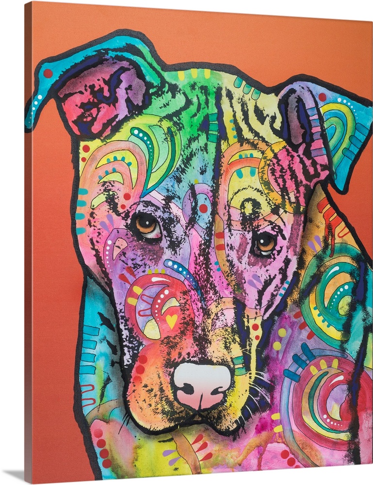 Contemporary painting of an apologetic dog made with different colors and abstract designs on a red-orange background.