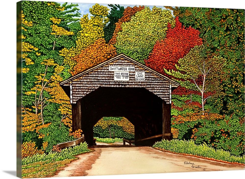 Contemporary artwork of a covered bridge surrounded by autumn foliage.