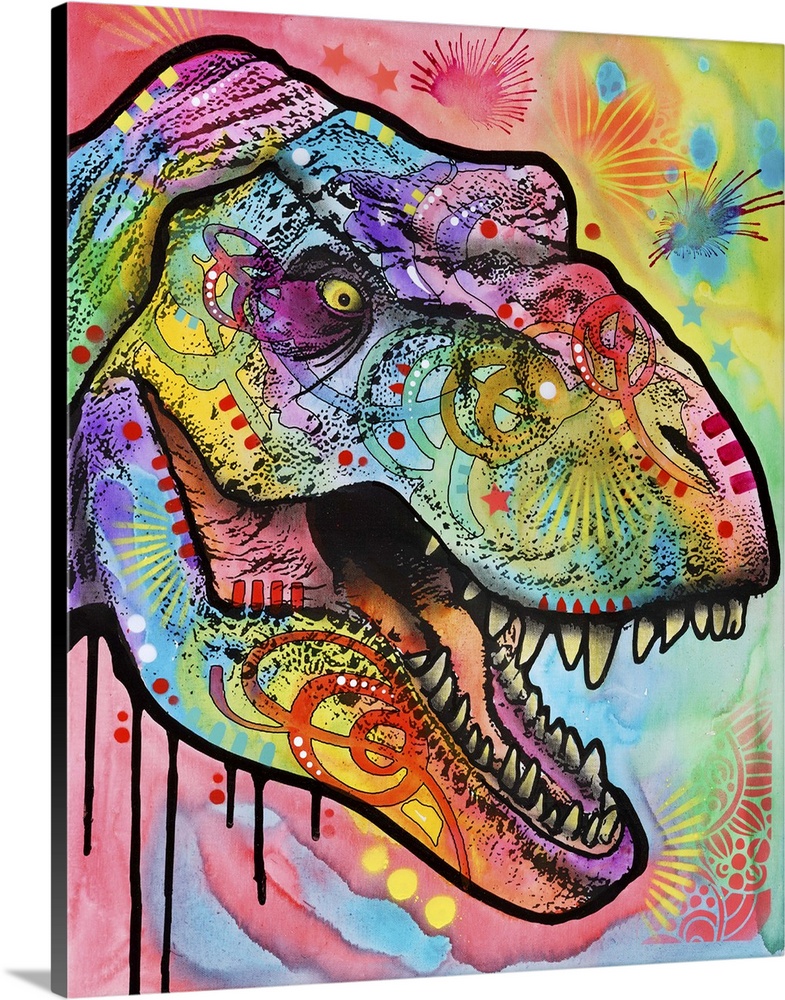 Contemporary painting of a T-Rex head covered in colorful abstract designs.