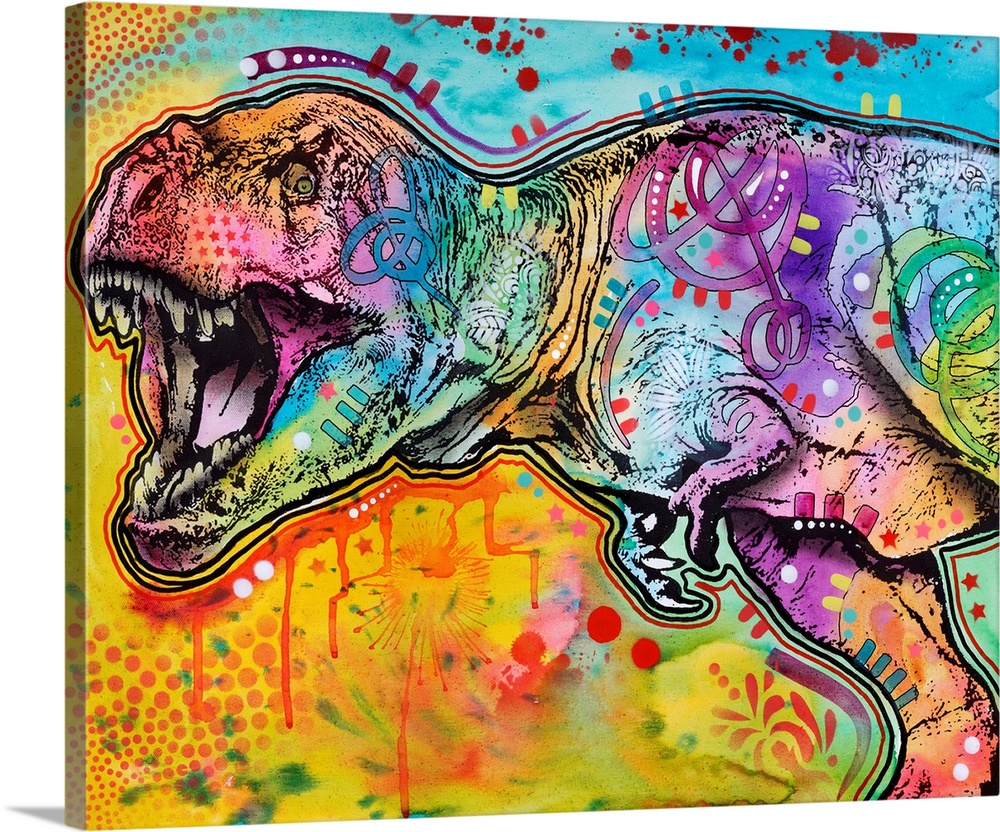 Colorful illustration of a scary looking T-rex with abstract markings and designs.