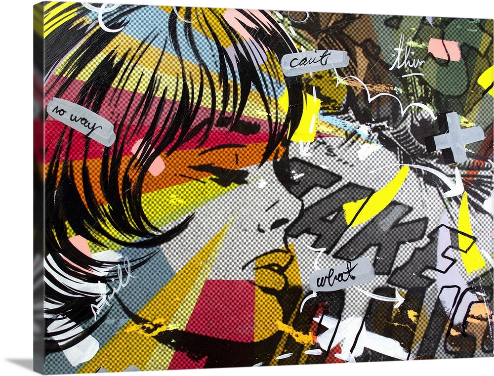 Pop art composed of comic illustrations and bold text, reminiscent of Lichtenstein, of a saddened woman with short hair.