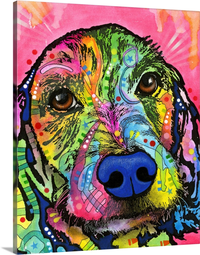 Pop art style painting of a colorful Cocker Spaniel with abstract designs on a pink background with white and orange paint...