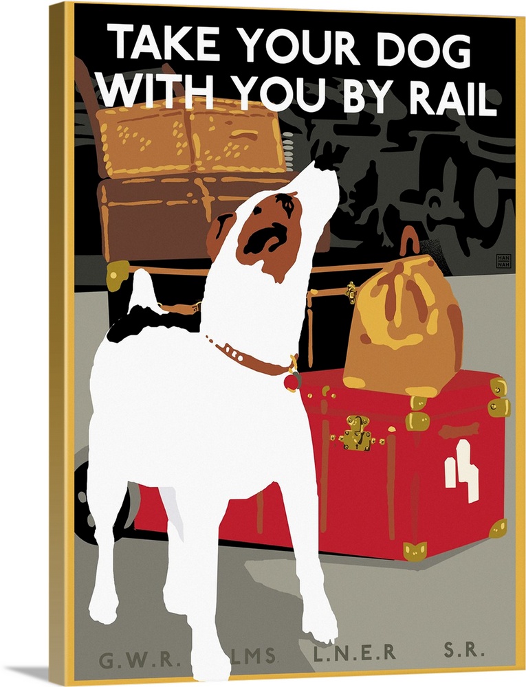Vintage advertisement artwork for rail travel that accommodates pets.