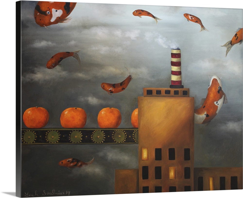 Surrealist painting of a factory under a gray sky with orange koi fish floating in the sky.