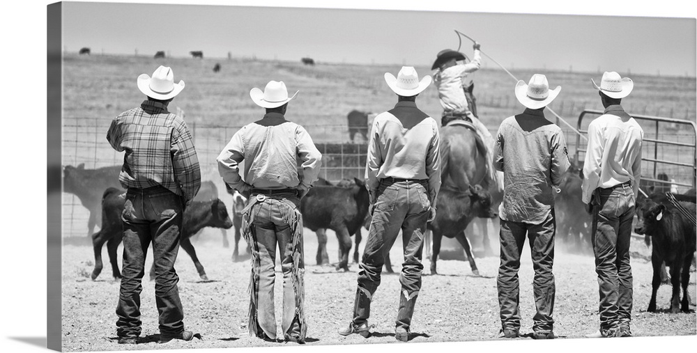 Cowboys standing, watching a roper in the corral