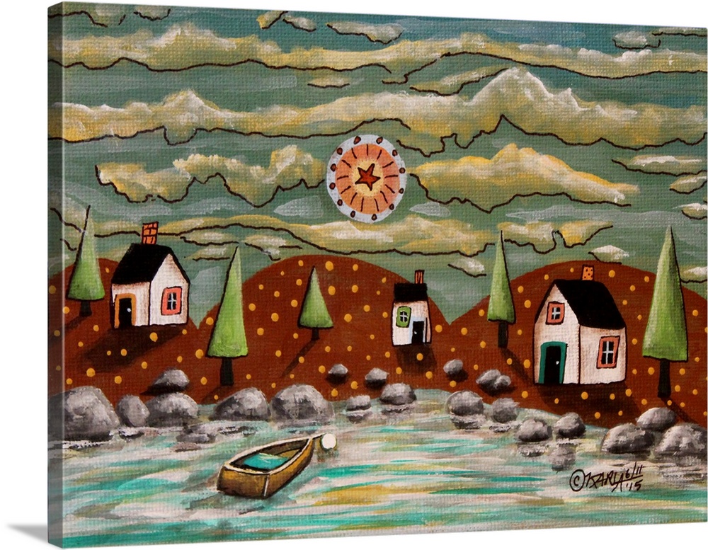 Contemporary folk art painting of a house on a countryside landscape.