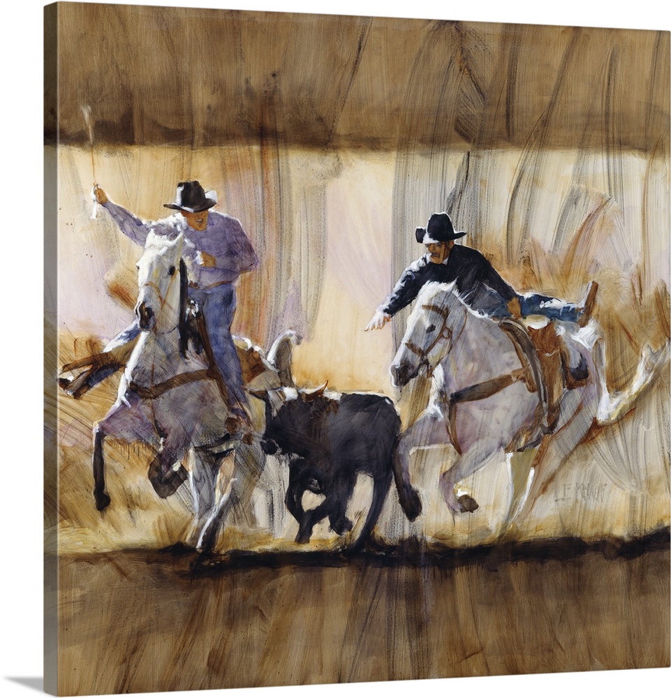 Western themed contemporary painting of cowboys wrangling a calf.