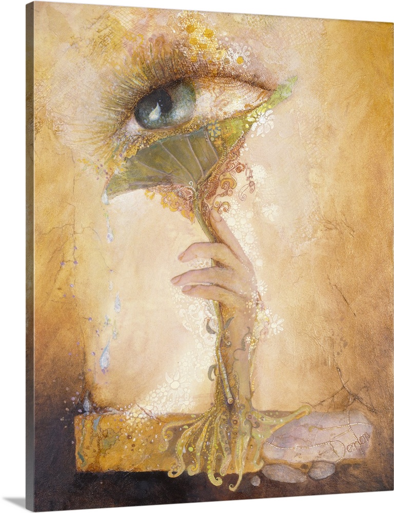 A contemporary painting of a mystical looking image with a hand reaching up to an ethereal eye.