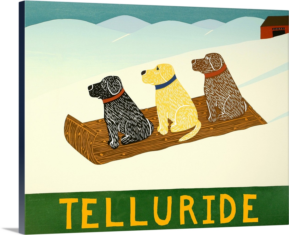 Illustration of a chocolate, yellow, and black lab sledding down the slopes with "Telluride" written on the bottom.