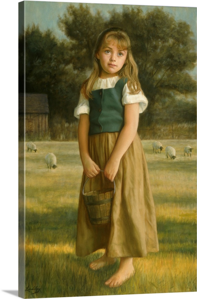 Little girl holding a basket standing in a field with sheep behind her.