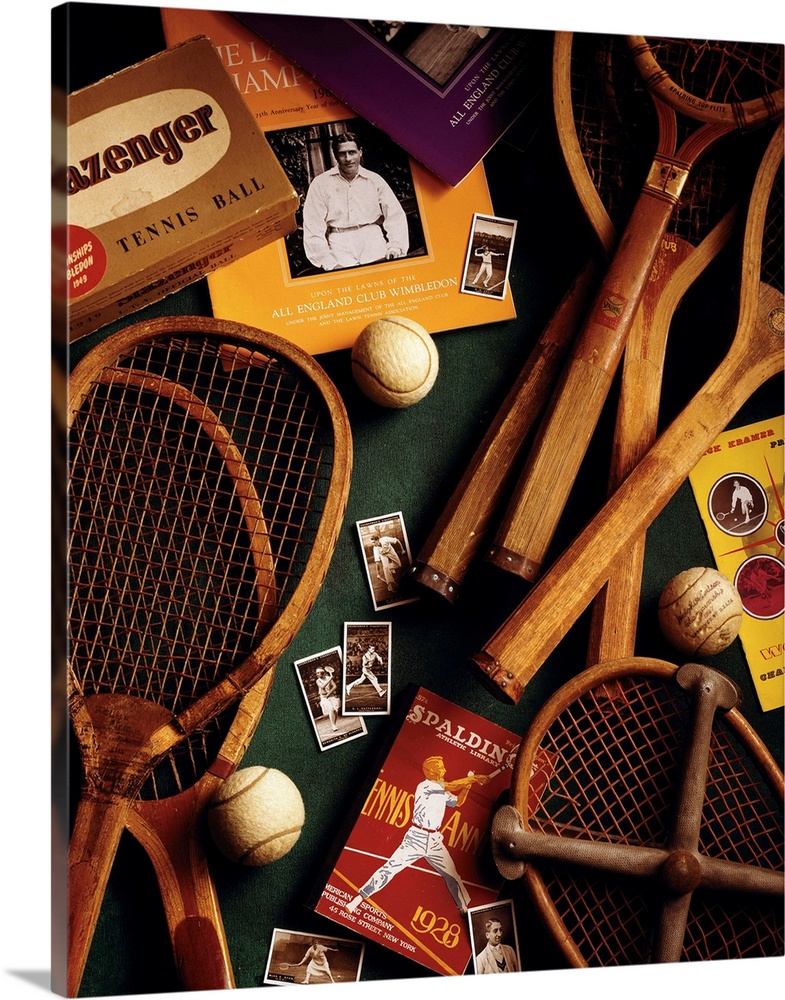 Photograph of vintage tennis gear and memorabilia.