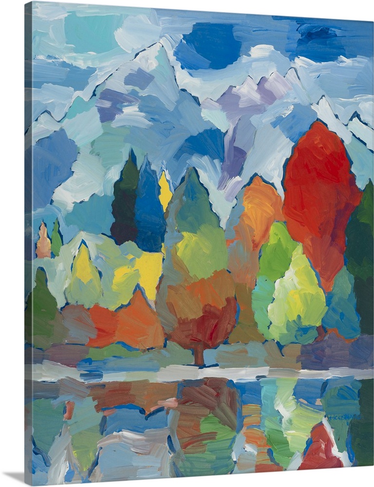 Colorful abstract landscape with trees and mountains with a lake in the foreground.