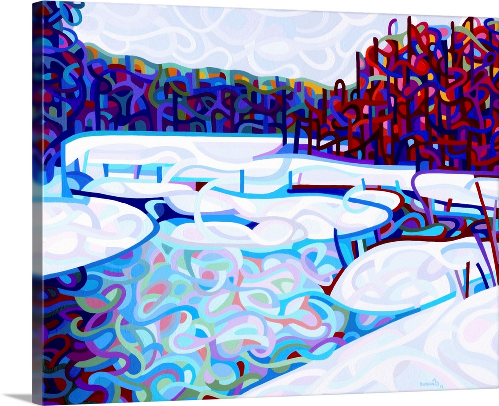 Stylized contemporary painting of a frozen river in a forest with snowy banks.