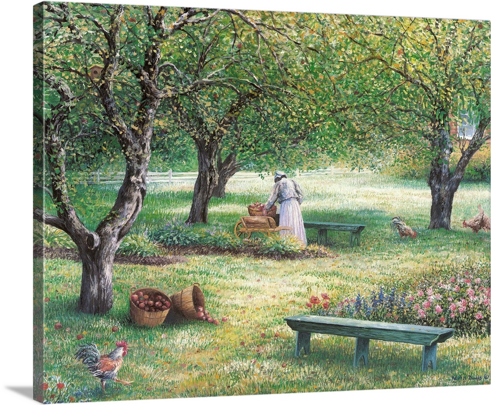 Contemporary artwork of a woman in an apple orchard.