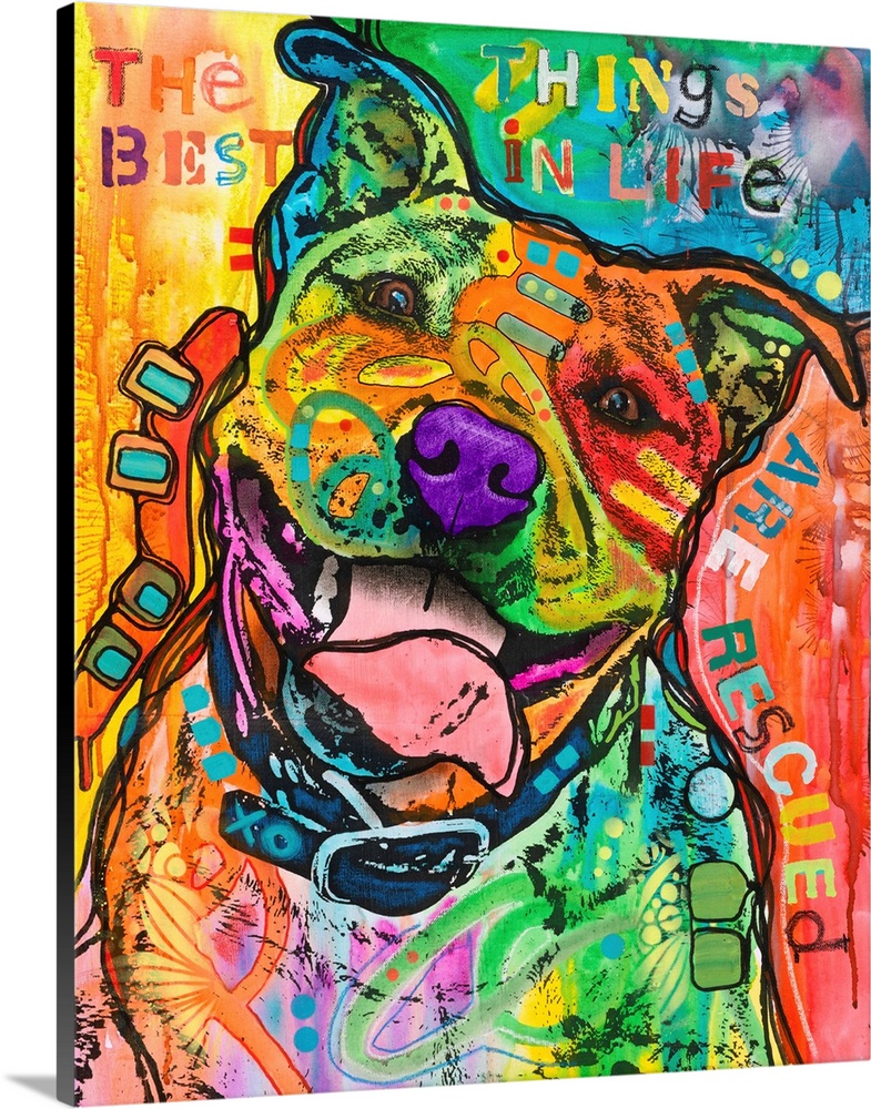 "The Best Things In Life Are Rescued" written around a colorful painting of a dog covered in abstract markings.