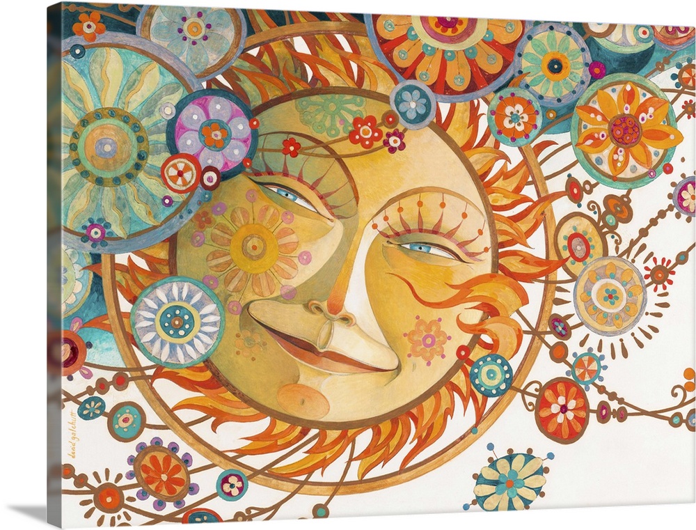 Contemporary artwork of a smiling sun with decorative baubles all around.