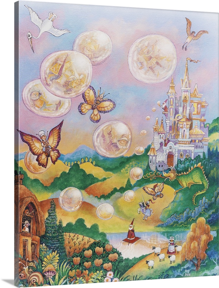 Bubble fairies float from a wizard's castle with butterflies.