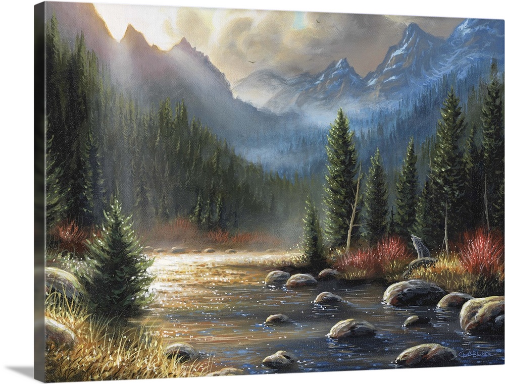 A contemporary idyllic painting of a majestic wilderness landscape.