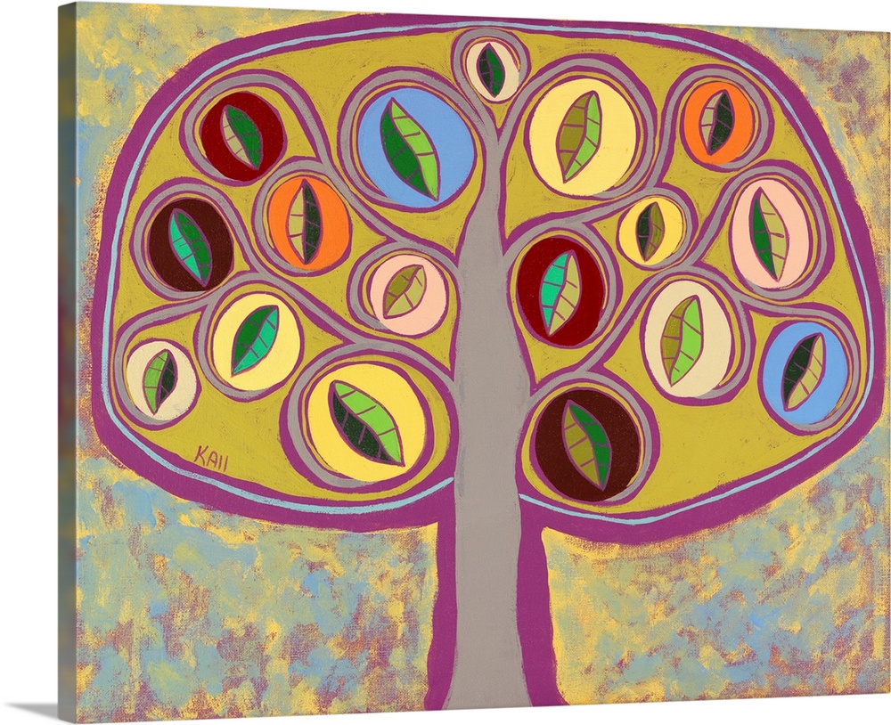 Contemporary painting of a tree with curled branches and round leaves.