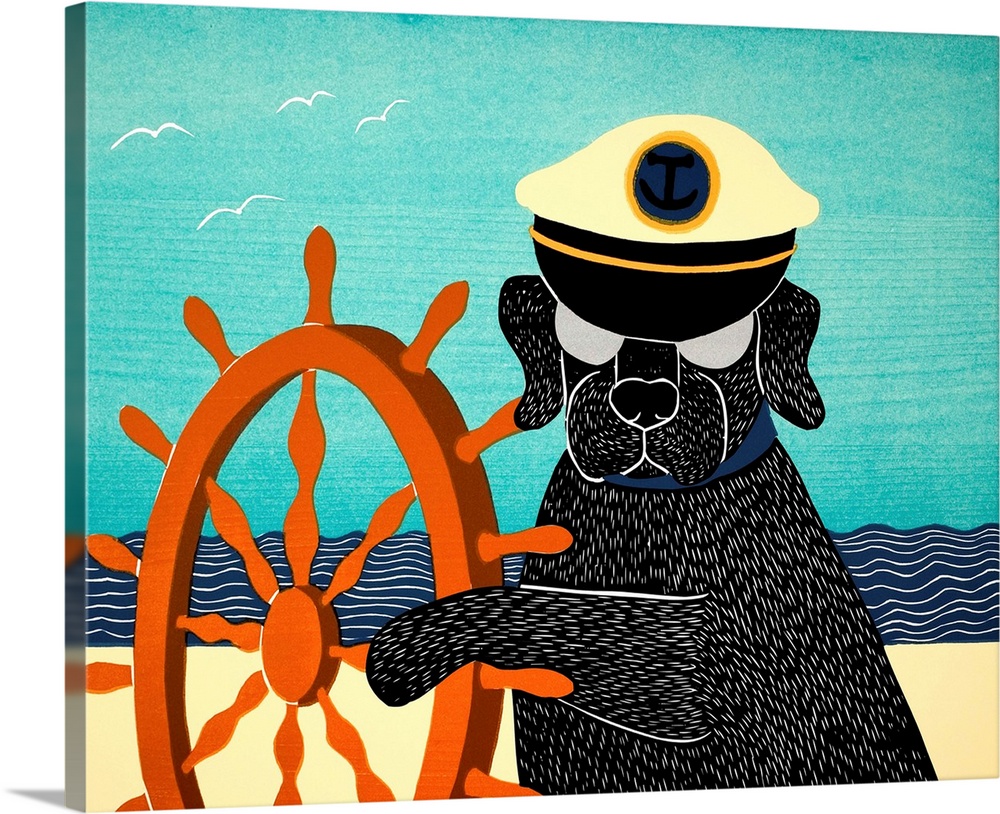 Illustration of a black lab wearing a sailors hat and pawing a ship wheel on the beach.