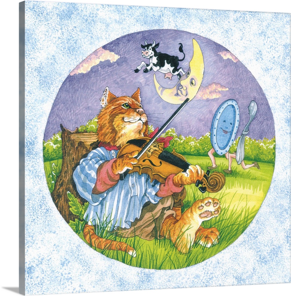 cat fiddle cow jumping over moon plate running away with a spoon