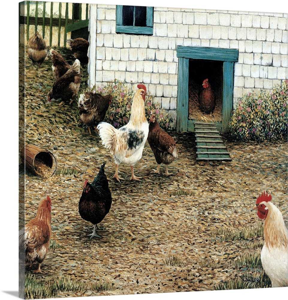 Contemporary artwork of several chickens on a farm.