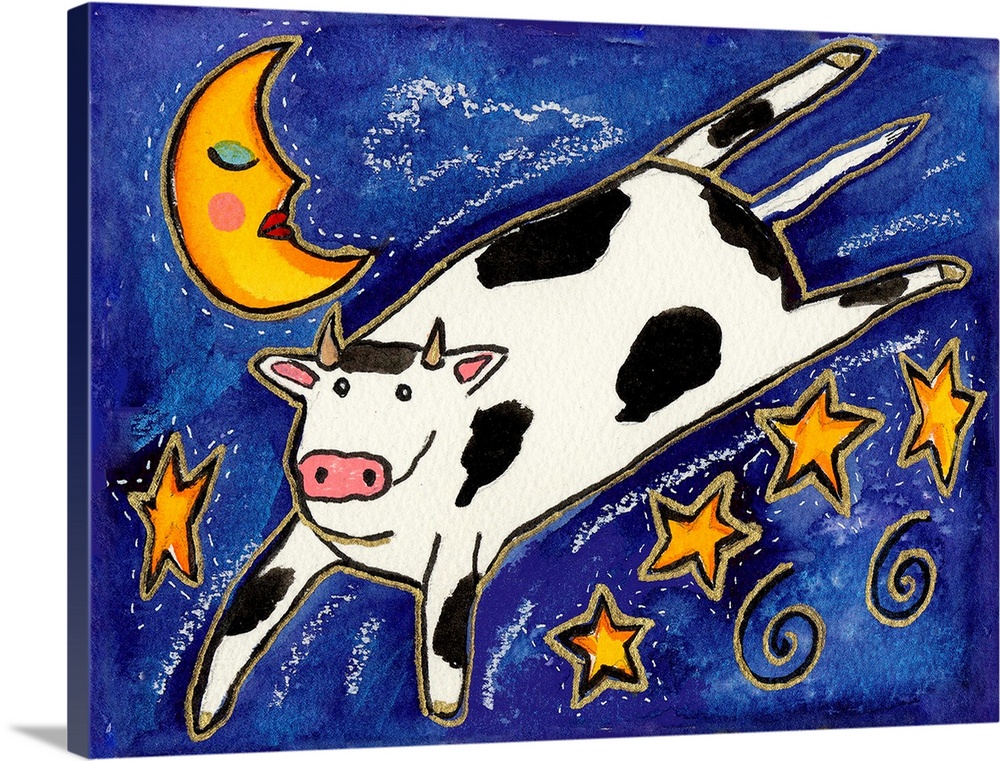 A black and white cow jumping over stars in the night sky.