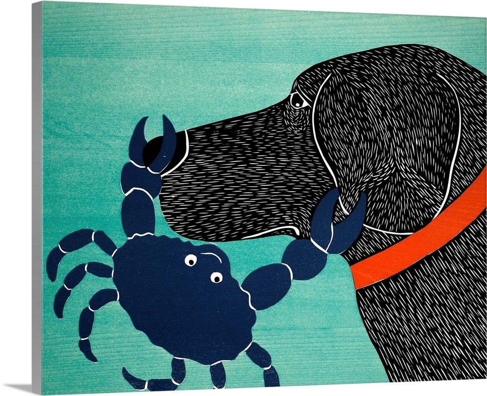 Illustration of a black lab with a blue crab pinching its nose and ear.