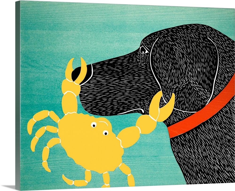 Illustration of a black lab with a yellow crab pinching its nose and ear.