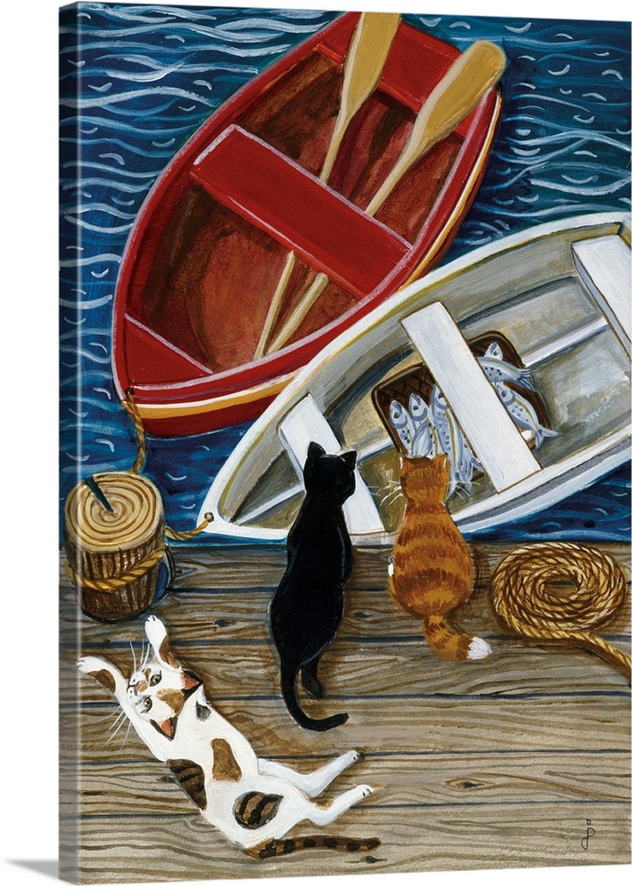 Three cats on a dock looking at the fish in a row boat that is tied to the dock