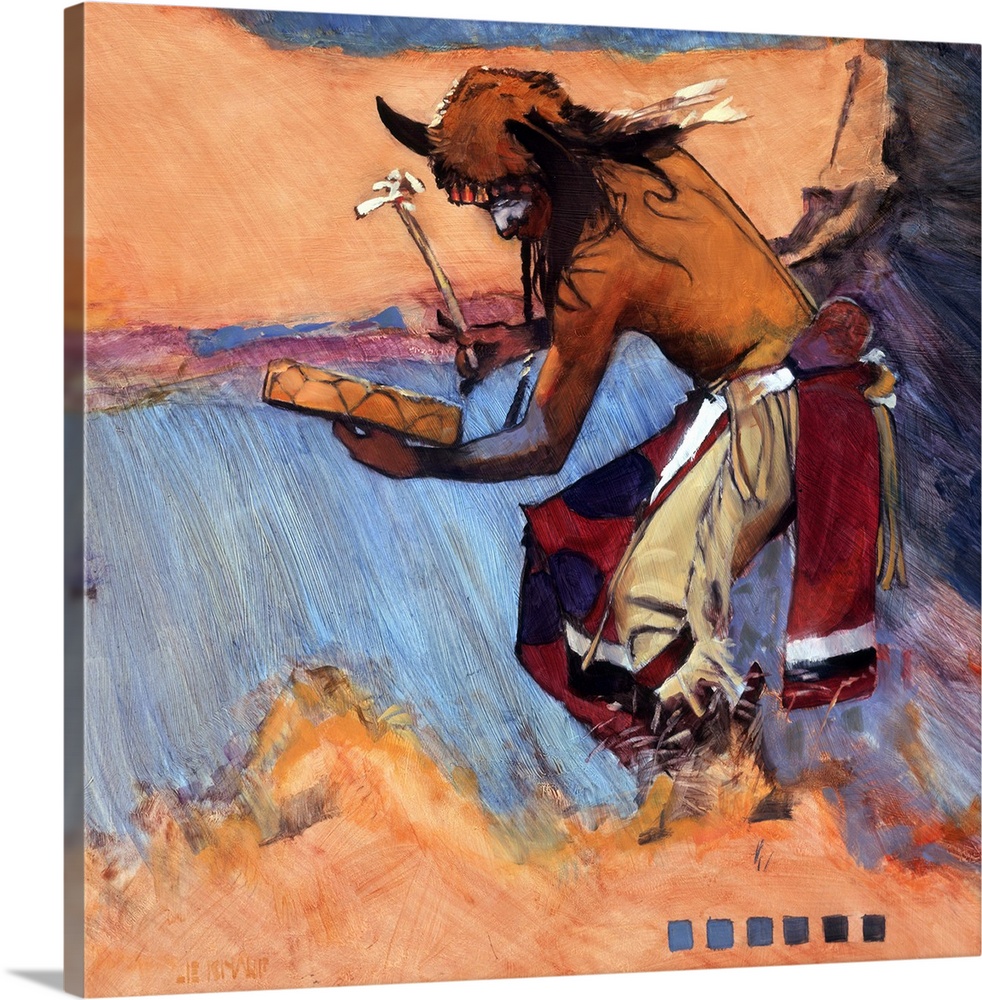 Contemporary western theme painting of a native American in traditional and ceremonial dress.