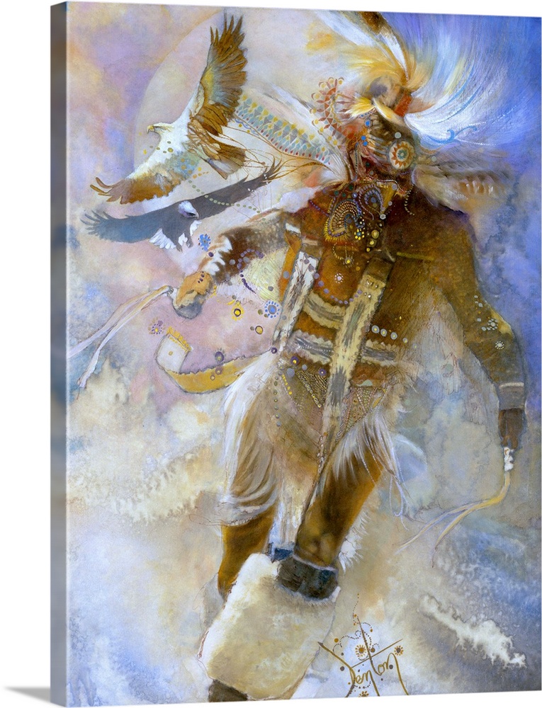 A contemporary painting of a Native American tribesman performing ceremonial dance.