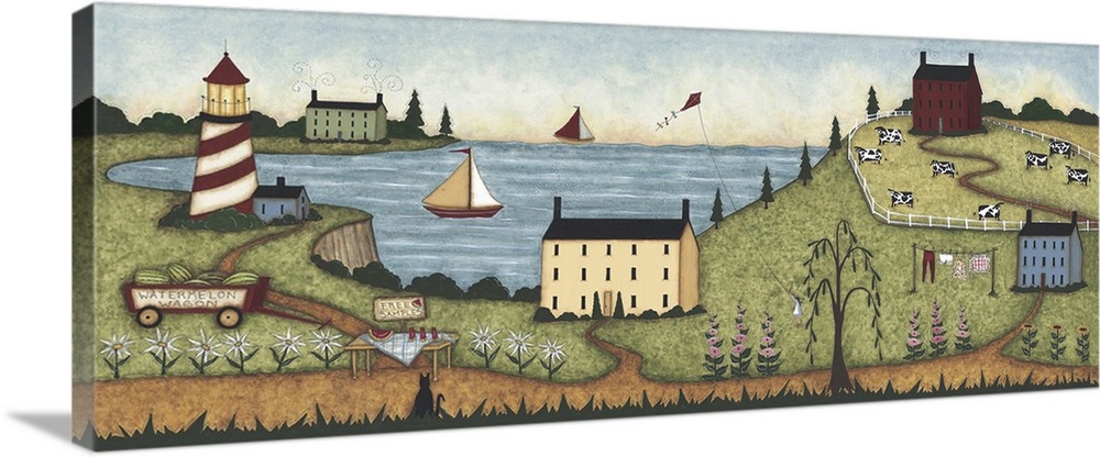 A coastal view of sailboats, a kite, a lighthouse and a few houses.