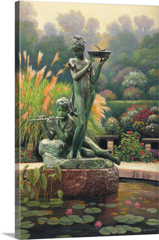 statue at lily pond, garden in background