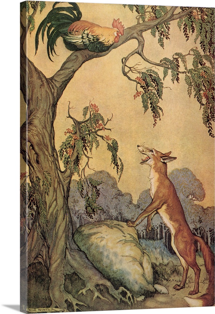 A vintage illustration of a fox looking at a rooster sitting up in a tree.