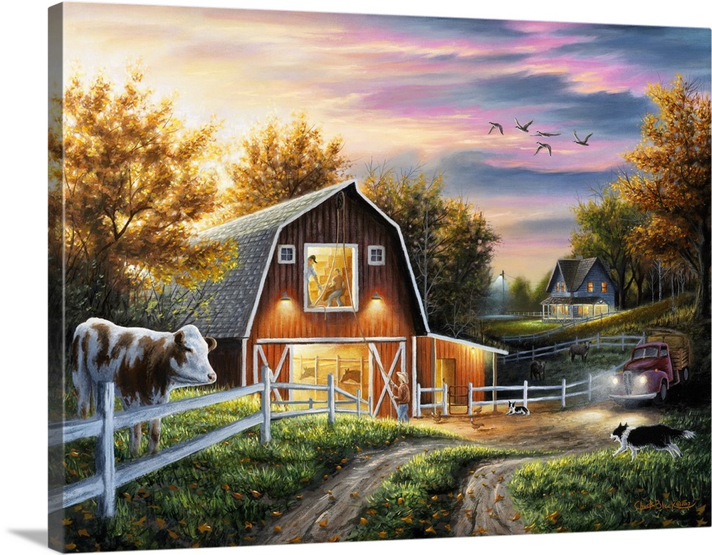 Contemporary painting of a barn lit up at night under a beautiful sunset.