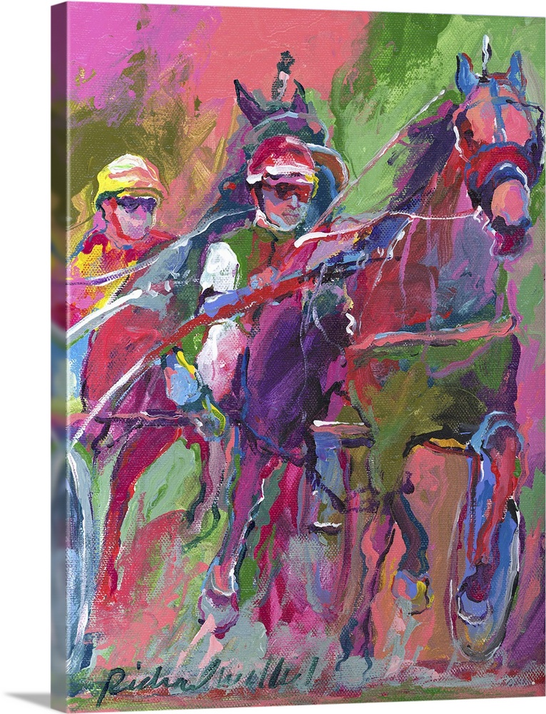 Contemporary colorful painting of jockeys racing horse cart