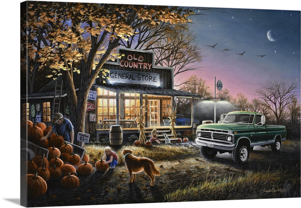 Contemporary painting of an old general store at night with people picking pumpkins out front.